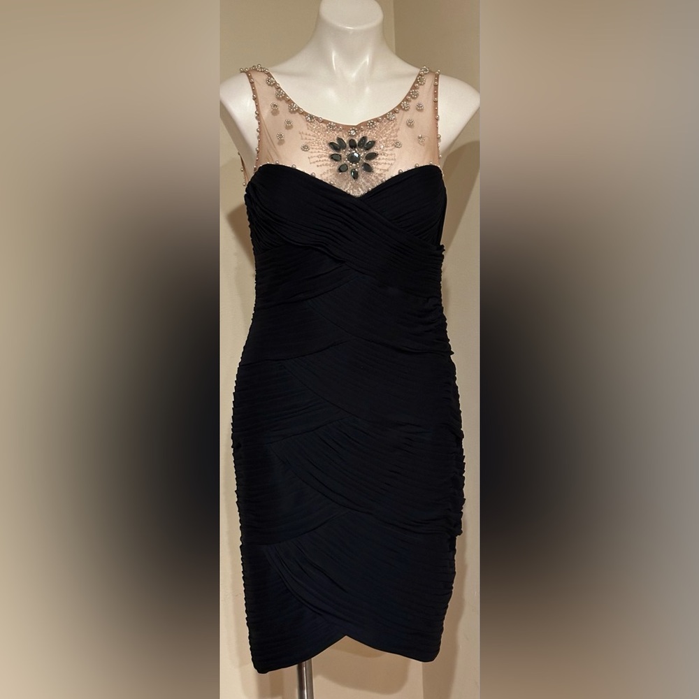 ADRIANNA PAPELL Navy & Nude Sweetheart Embellished Midi Beaded Dress Sz 12